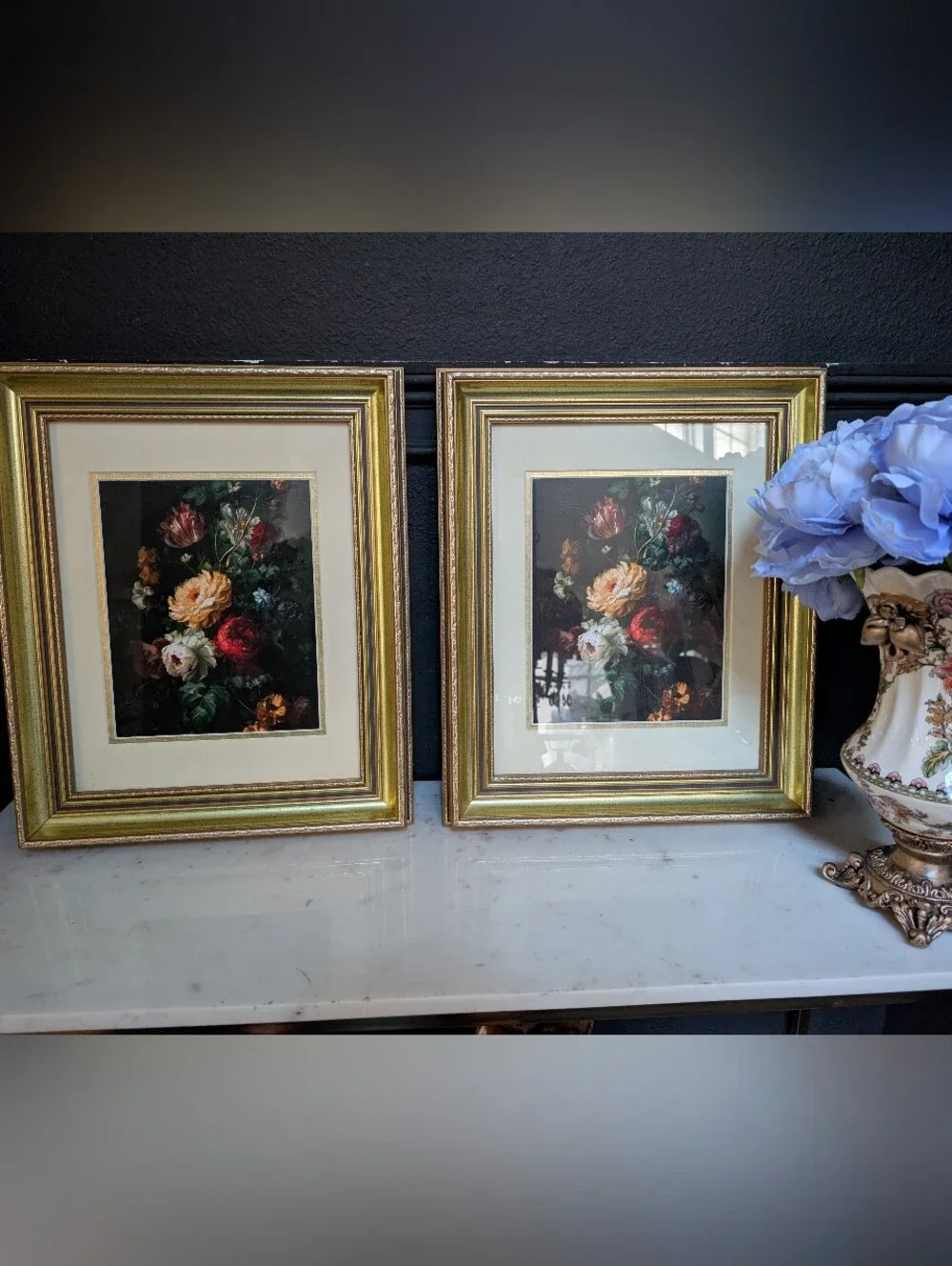 Vintage, set of 2, Gold Detail Wood Matted Frame w/ vintage style Floral Prints